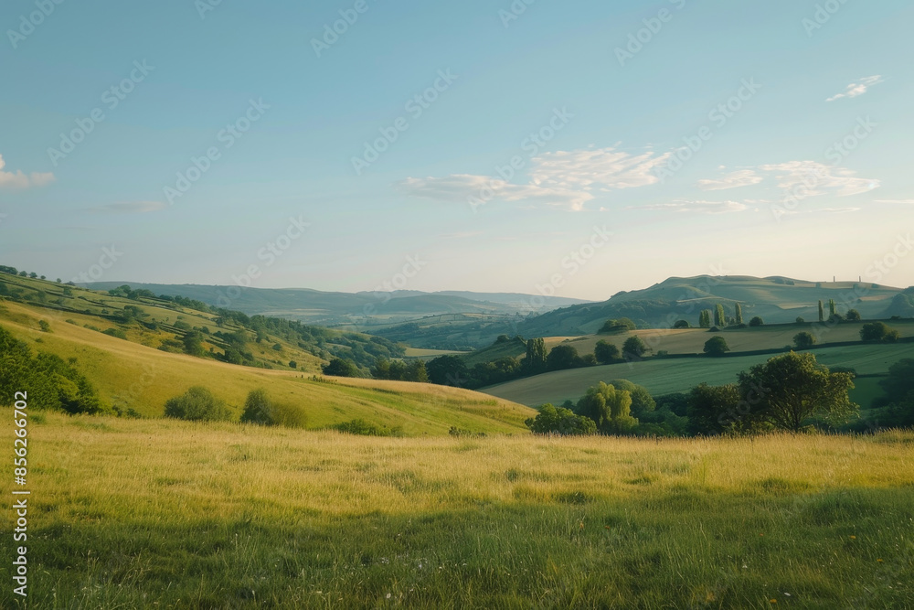 Fototapeta premium A beautiful, open field with a clear blue sky