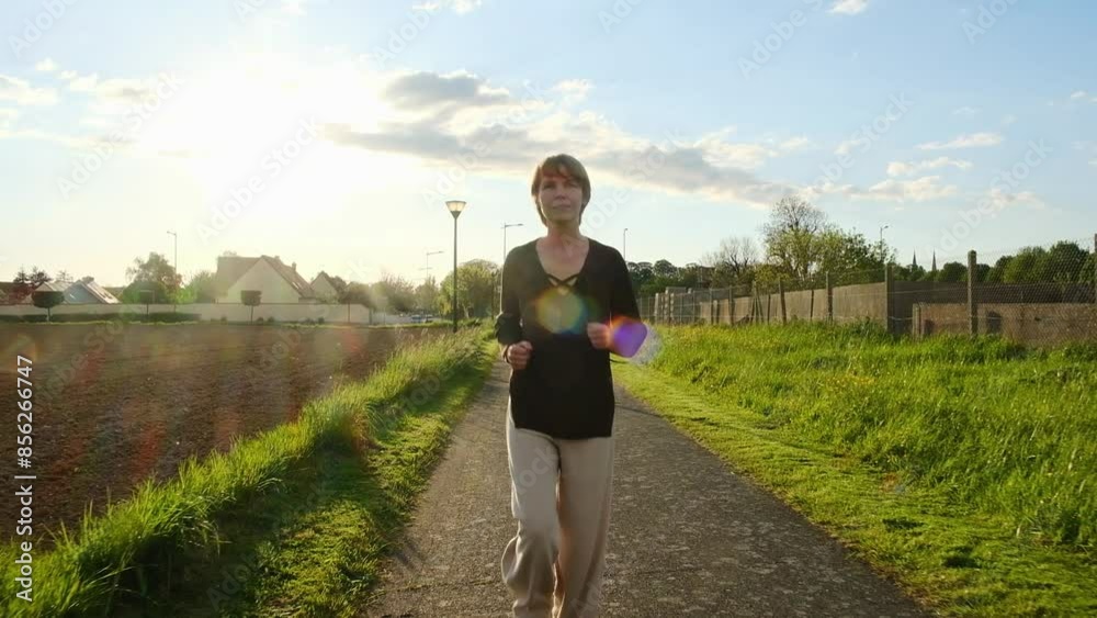 A woman enjoys a peaceful walk through the countryside on a sunny day A woman enjoys a peaceful walk through the countryside on a sunny day