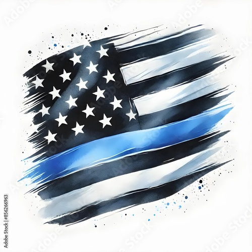 Black And White USA Flag with Blue Line. Thin Blue Line American Flag. Stars And Stripes Abstract Design. Independence Day Background. Corporate Concept American Flag. Watercolor texture. Generative A