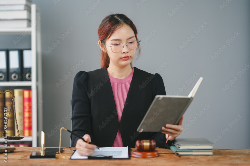 Young female lawyer reading a book in her office, surrounded by legal documents, gavel, and bookshelf in the background. Young female lawyer reading a book in her office, surrounded by legal documents, gavel, and bookshelf in the background.