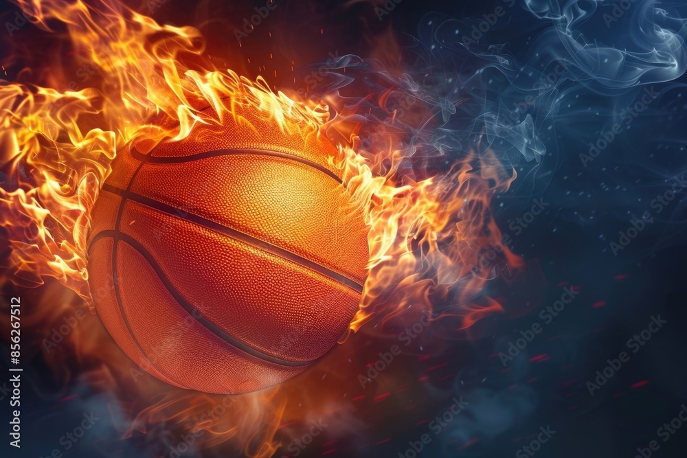 Fototapeta premium Basketball ball engulfed in flames on black background.