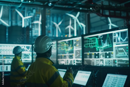 Engineers at the power generation complex control the process of producing green hydrogen based on real-time power readings from windmills.