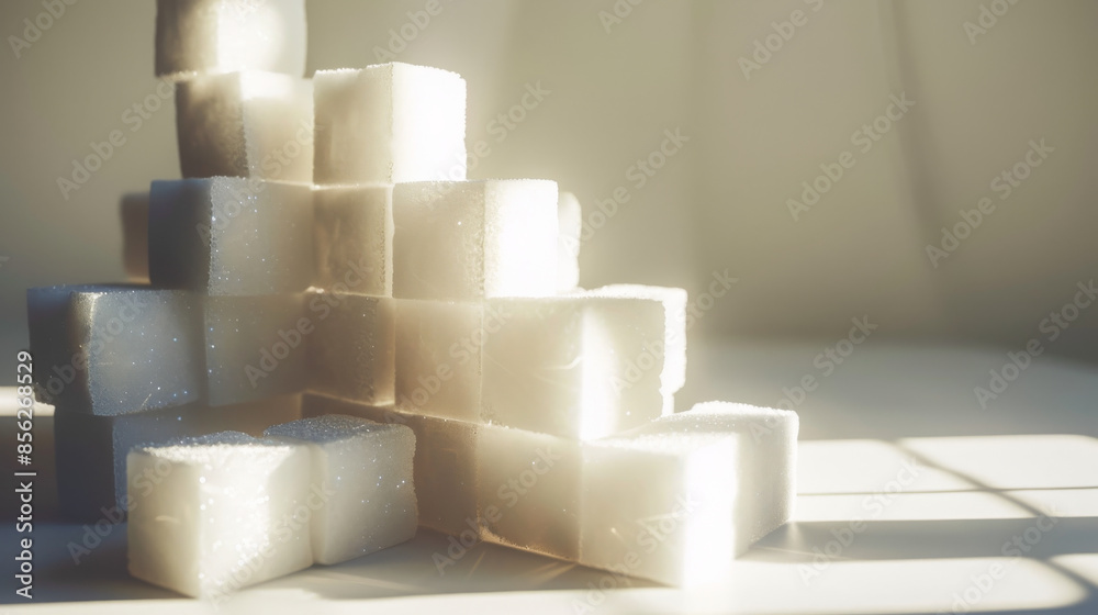 Stacked sugar cubes bathed in soft sunlight create an almost ethereal glow, emphasizing their crystalline texture and sacred geometric form. Stacked sugar cubes bathed in soft sunlight create an almost ethereal glow, emphasizing their crystalline texture and sacred geometric form.