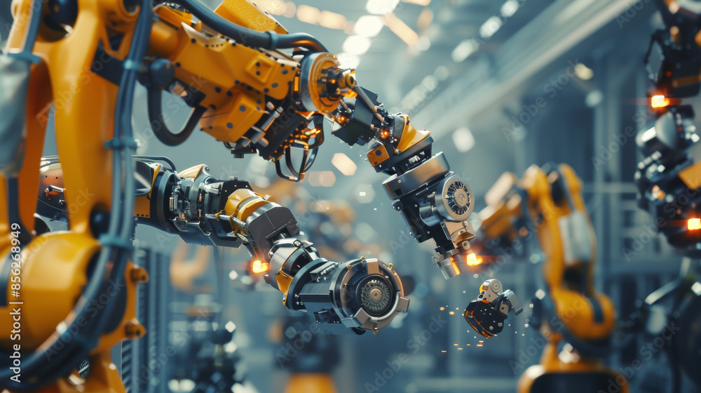 Robotic arms diligently and precisely assembling components in an industrial setting, highlighting the future of automated manufacturing and innovation. Robotic arms diligently and precisely assembling components in an industrial setting, highlighting the future of automated manufacturing and innovation.