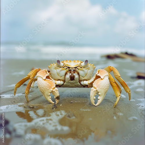 A crab is standing on the beach with water. photo