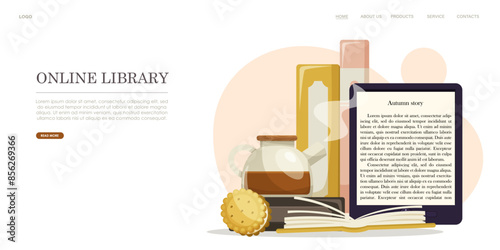 Digital tablet, books, and tea arranged on a light background. Online library concept. Vector illustration
