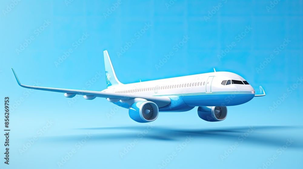 A sleek and shiny blue and white airplane is flying through a clear blue sky. The plane is flying at a high altitude, and the ground is not visible. A sleek and shiny blue and white airplane is flying through a clear blue sky. The plane is flying at a high altitude, and the ground is not visible.