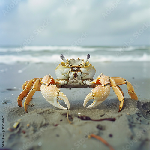 A crab is standing on the beach with its claws extended. photo
