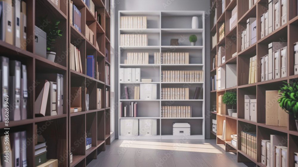 Bright, modern storage room with neatly arranged boxes, books, and files on shelves, creating a clean, orderly space. Bright, modern storage room with neatly arranged boxes, books, and files on shelves, creating a clean, orderly space.