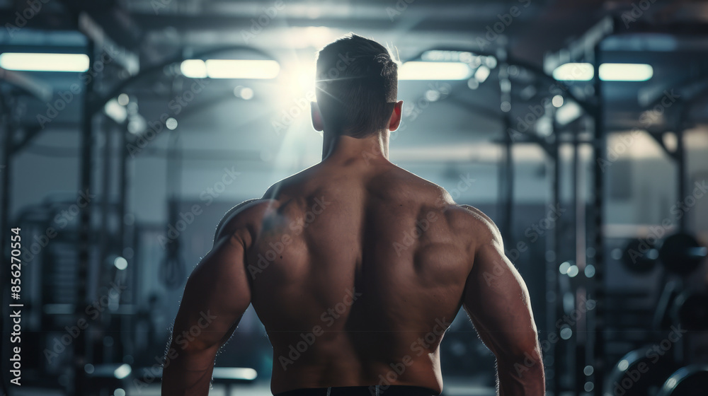 The muscular back of a man stands resolutely in a gym, with beams of light accentuating his physique as he prepares for an intense workout. The muscular back of a man stands resolutely in a gym, with beams of light accentuating his physique as he prepares for an intense workout.