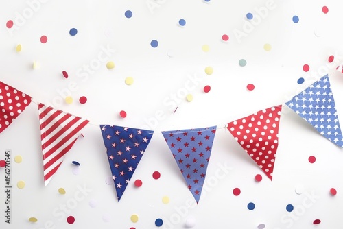Mockup photo of a patriotic banner with red, white, and blue elements, isolated on a white background
