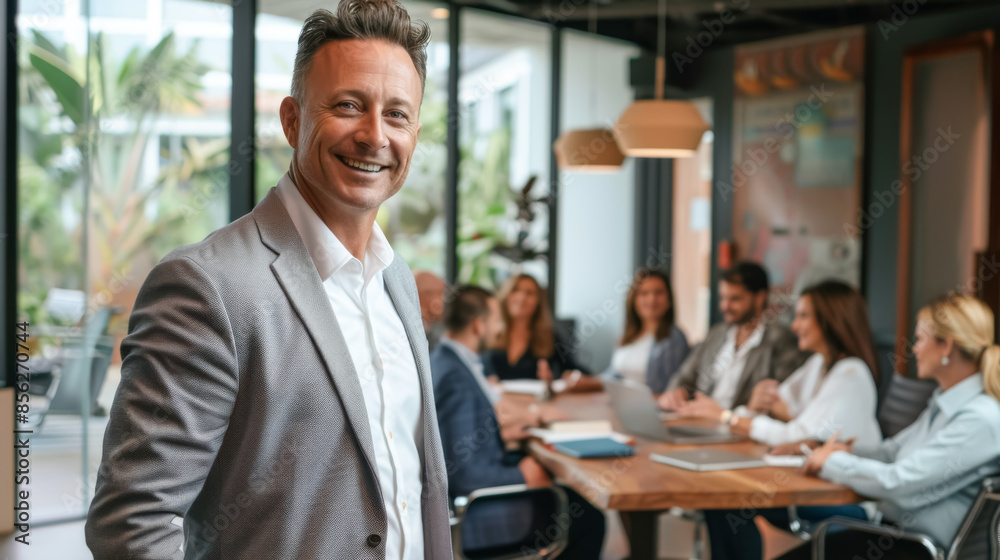 Middle-aged businessman leading a corporate meeting, modern office, Caucasian, short brown hair, smiling. Middle-aged businessman leading a corporate meeting, modern office, Caucasian, short brown hair, smiling.