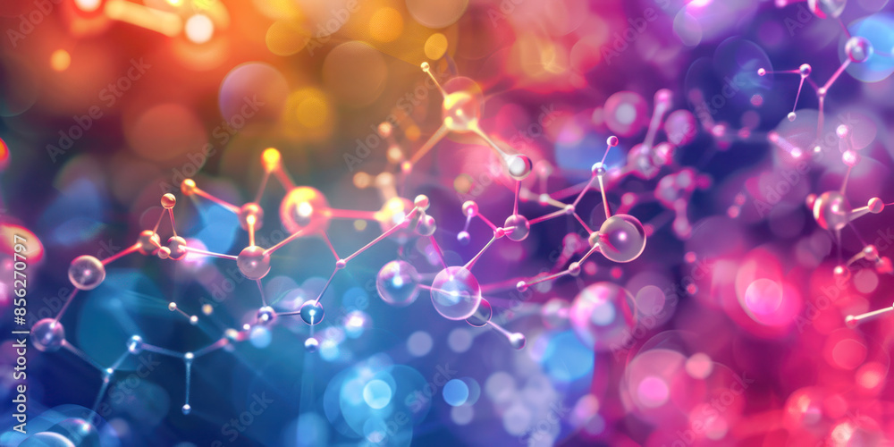 Molecular structure with colorful, glowing bokeh background representing scientific and technological concepts. Molecular structure with colorful, glowing bokeh background representing scientific and technological concepts.