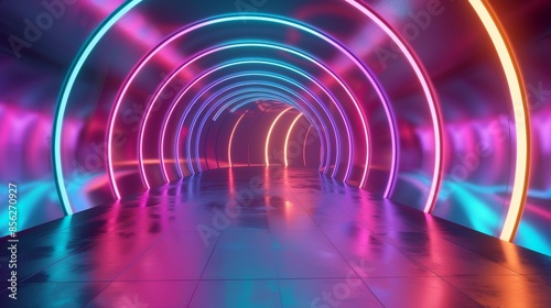 Neon Dreams Futuristic 3D Abstract Tunnel with Colorful LED Lights Perfect for Tech and Innovation Concepts