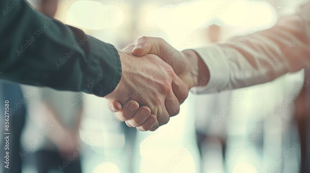 Fototapeta premium Trust and Collaboration Business Executives Shaking Hands in Modern Office Setting with Supportive Team in Background High Resolution Image of Successful Negotiations and Partnership