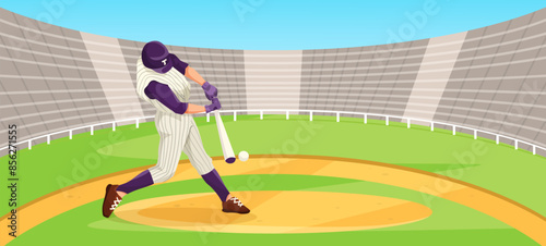 Baseball player hitting ball in stadium, vector illustration, on bright background. Sports action concept. Vector illustration