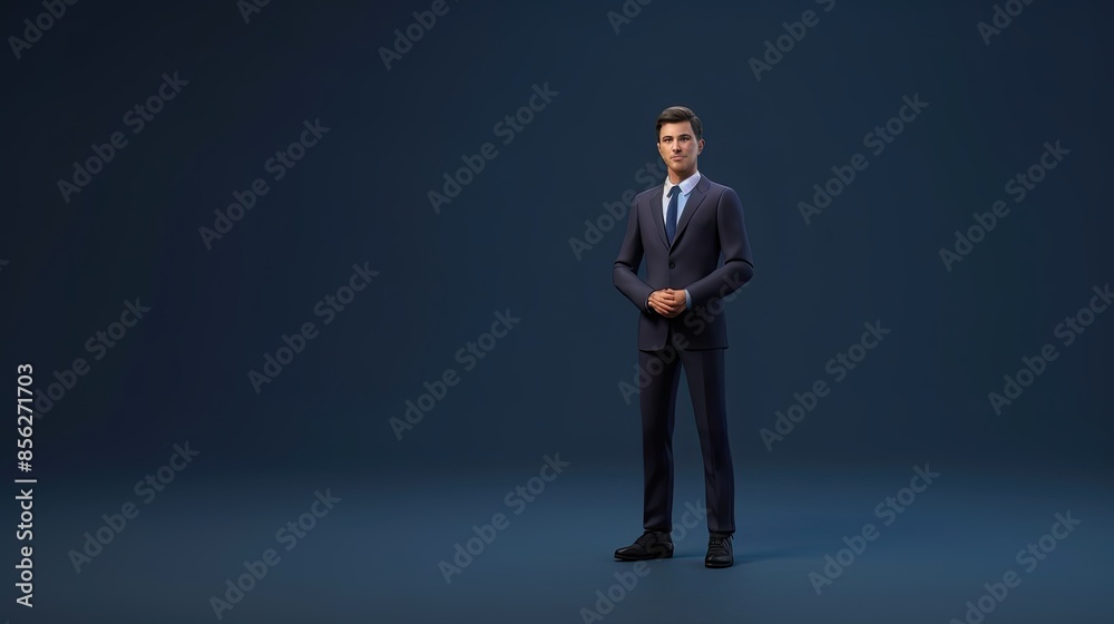 Confident businessman in a suit standing with hands clasped in front of him. He is wearing a dark suit with a white shirt and tie. Confident businessman in a suit standing with hands clasped in front of him. He is wearing a dark suit with a white shirt and tie.