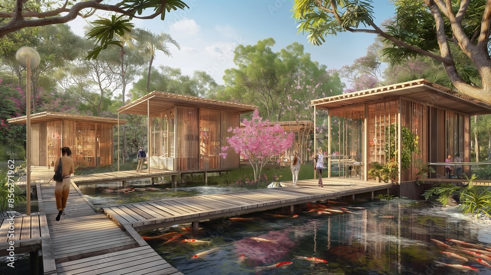 Fototapeta premium AI generator image of illustration <rough loose sketch> , amusment park, giftshops, wood slats, unique dynamic architecture building design, wood mass timber construction