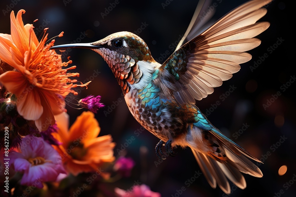 Fototapeta premium Gleaming hummingbird among multicolored flowers., generative IA