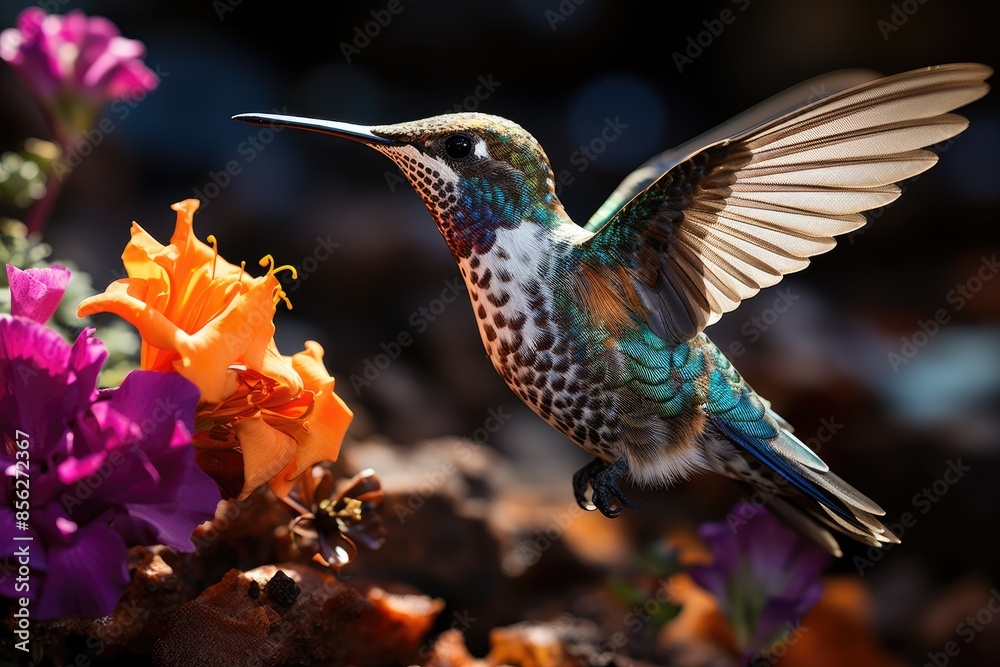 Fototapeta premium Vibrant hummingbird amid colorful flowers., generative IA