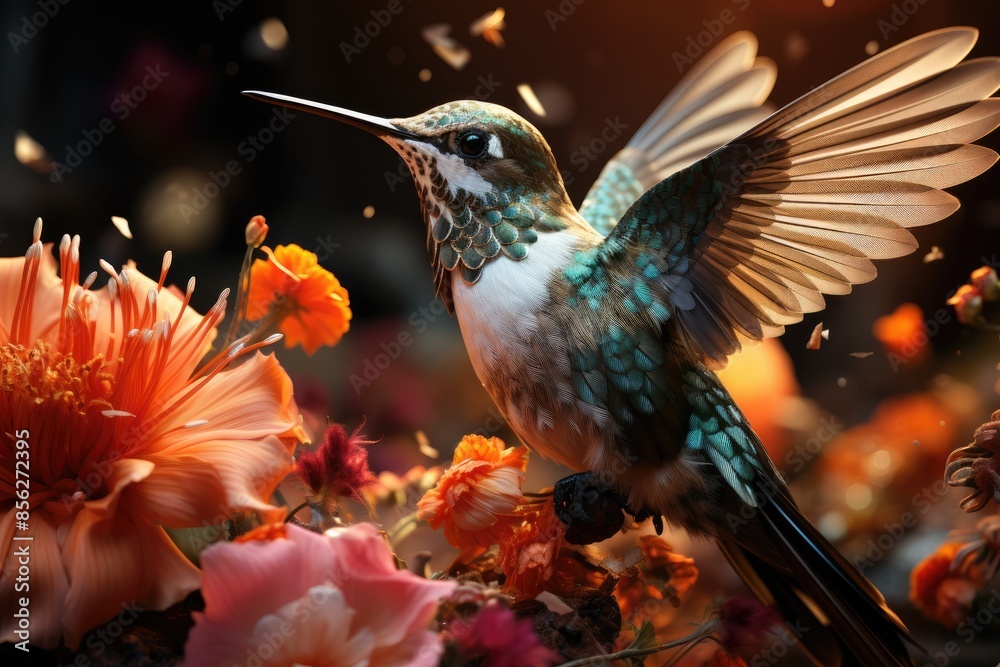Fototapeta premium Vibrant hummingbird between colored flowers., generative IA