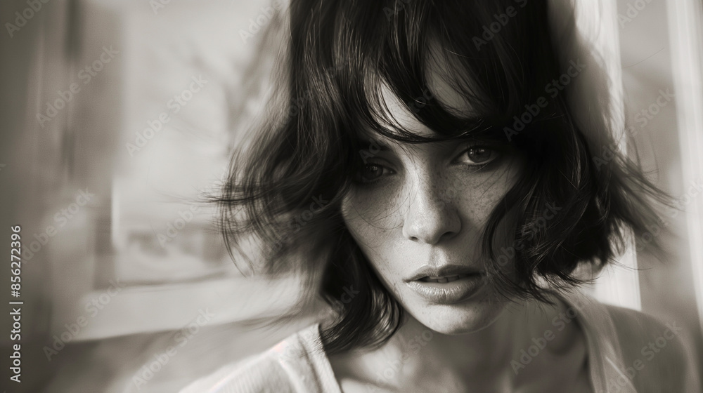 Young woman with freckles posing indoors with natural light Young woman with freckles posing indoors with natural light