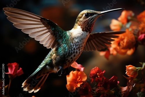 Vibrant hummingbird between colored flowers., generative IA