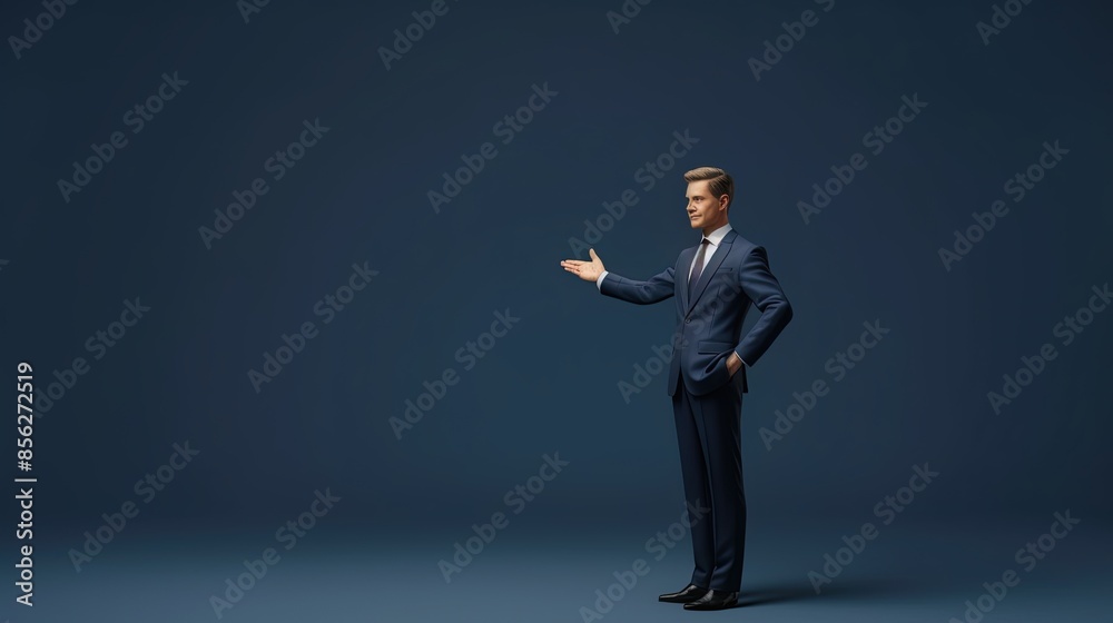 Confident businessman in a suit standing with one hand in his pocket and the other extended forward, ready to shake hands. Confident businessman in a suit standing with one hand in his pocket and the other extended forward, ready to shake hands.