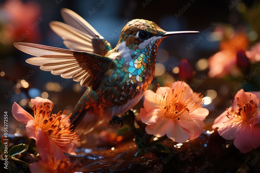 Fototapeta premium Hummingbird dancing between Petals in Garden Encantado., generative IA
