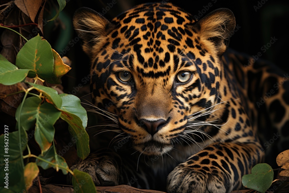 Majestic jaguar rests at an altar in the lush jungle., generative IA Majestic jaguar rests at an altar in the lush jungle., generative IA