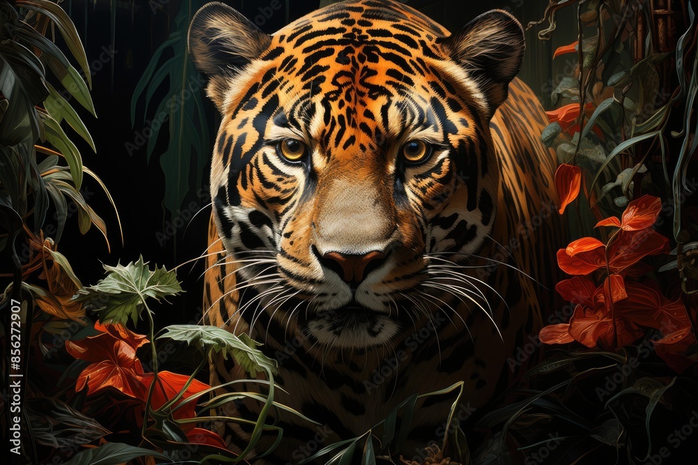 Majestic jaguar camouflaged in the exuberance of the jungle., generative IA Majestic jaguar camouflaged in the exuberance of the jungle., generative IA