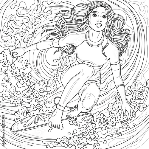 Woman surfer rides a surfboard on the waves.Coloring book antistress for children and adults. 