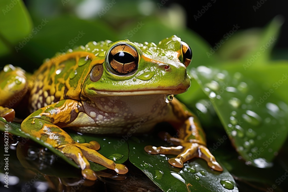 Green frog on serene swamp water leaf., generative IA Green frog on serene swamp water leaf., generative IA