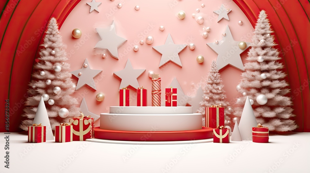 This is a 3D rendering of a Christmas-themed background. The image features a pink background with a large white and red podium in the center. This is a 3D rendering of a Christmas-themed background. The image features a pink background with a large white and red podium in the center.