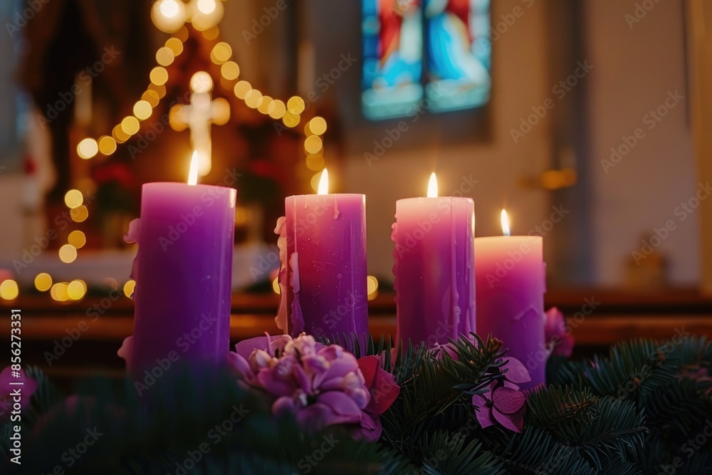 Advent Candles In Church Three Purple And One Pink As A Catholic Symbol Advent Candles In Church Three Purple And One Pink As A Catholic Symbol