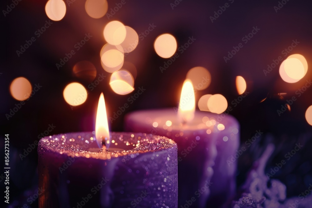 Advent Candles Burning In The Dark With Purple Glitter On Flames And Abstract Defocused Lights Advent Candles Burning In The Dark With Purple Glitter On Flames And Abstract Defocused Lights
