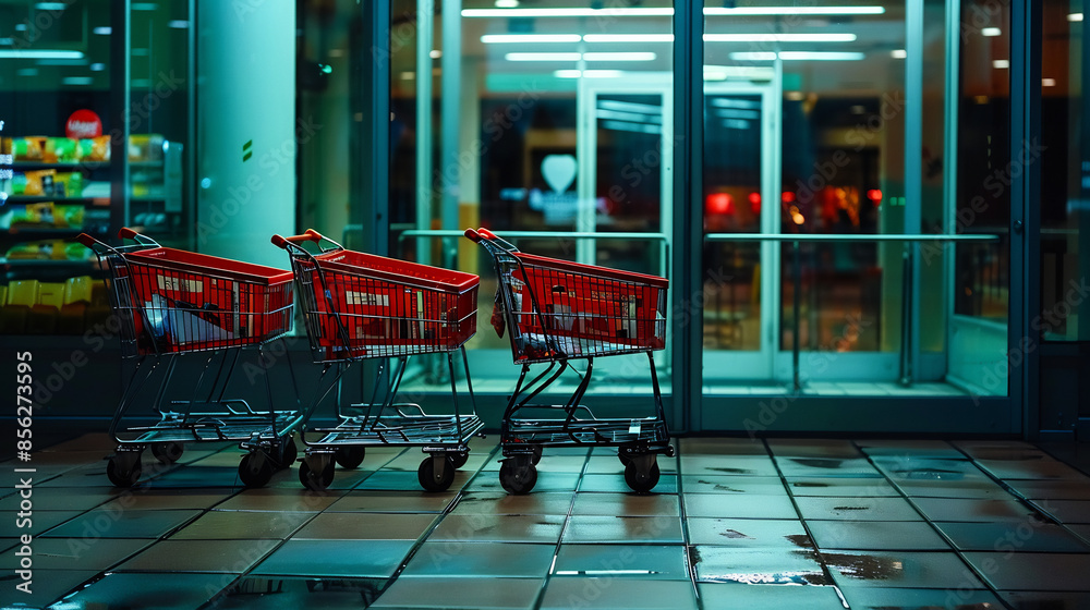 Naklejka premium Shopping Carts with Sparse Items Representing Economic Slowdown