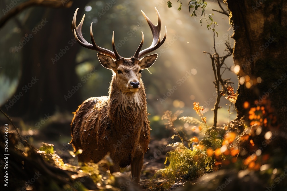 Majestic deer resting in sunny morning clearing., generative IA