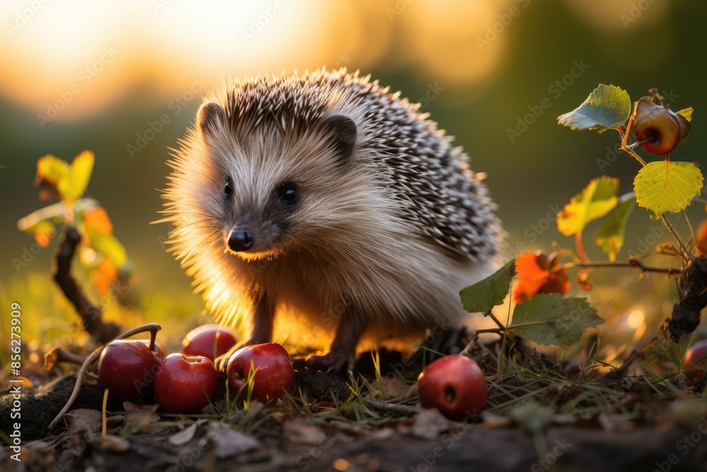 Fototapeta premium Hedgehog sniffing golden apple at dusk in the green grass., generative IA