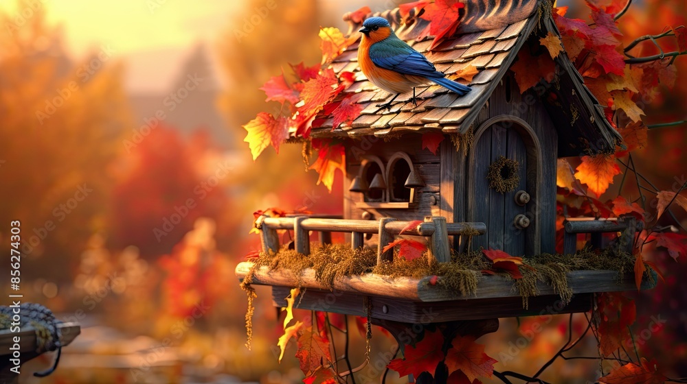 Obraz premium A birdhouse with autumn leaves and birds