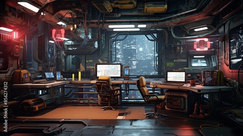 A dimly lit room with a large window looking out onto a city at night. There are two computer desks in the room, each with a computer and a chair.