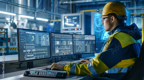 An engineer working diligently on multiple monitors in a sleek, futuristic factory, reflecting a high level of technology and precision.