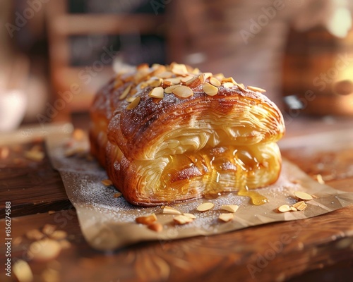 Golden Honey Glazed Bienenstich Pastry with Caramelized Almonds on Soft Brioche photo