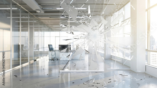 Sunlight pours through a shattered glass wall in an upscale office, reflecting a moment of sudden disruption in a pristine environment.