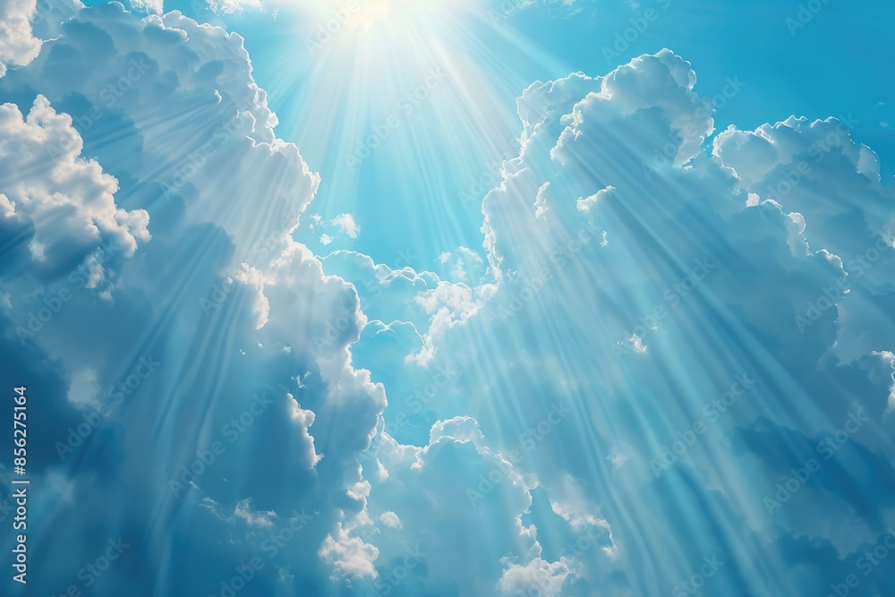 Religious background with blue sky and sun rays.