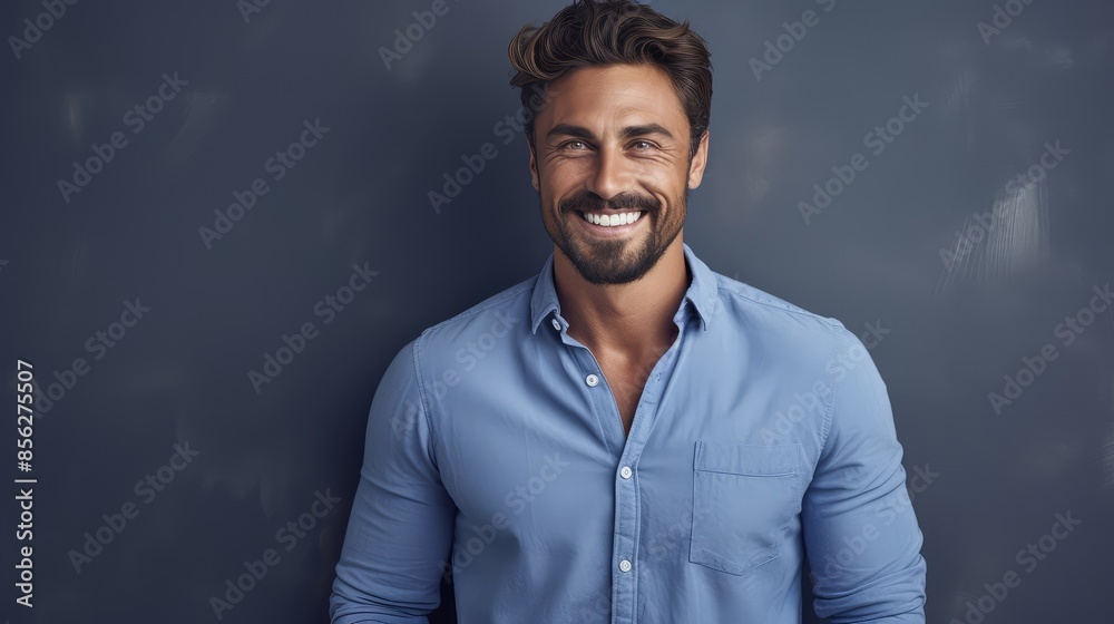 Portrait of handsome young man in blue shirt smiling Portrait of handsome young man in blue shirt smiling
