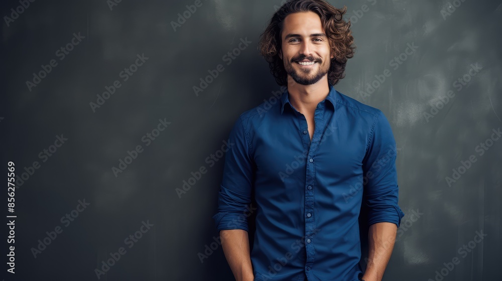 Portrait of handsome young man smiling at camera while standing against blackboard