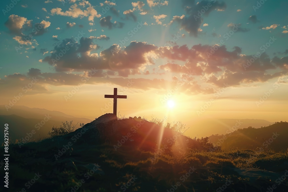 Fototapeta premium Silhouette cross on Calvary mountain at sunset. Easter concept.