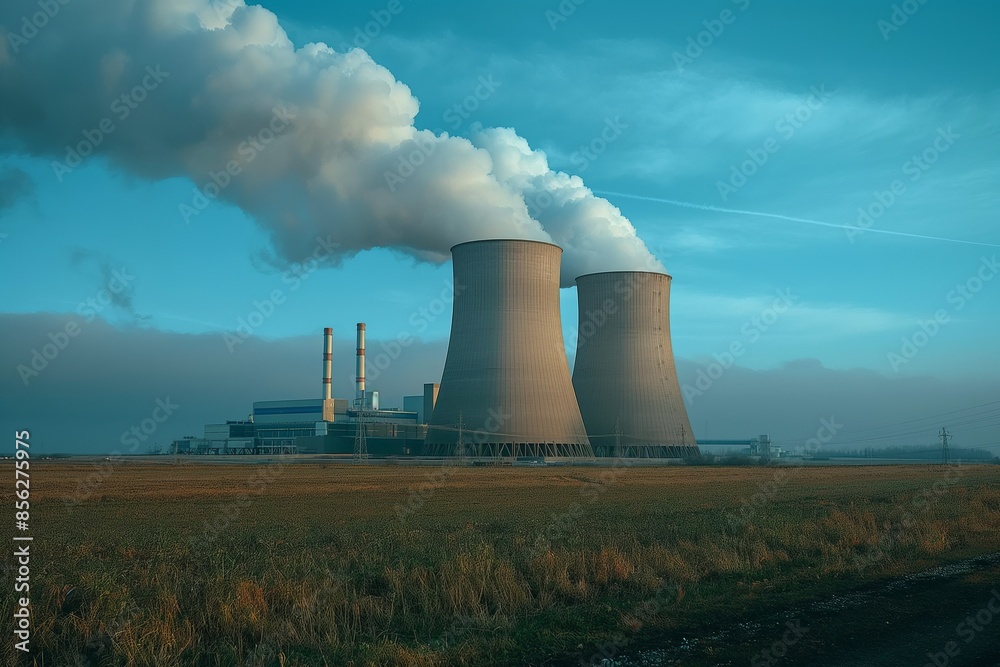 Industrial scene featuring cooling towers of a power plant emitting steam against a dusky sky Represents energy production Industrial scene featuring cooling towers of a power plant emitting steam against a dusky sky Represents energy production