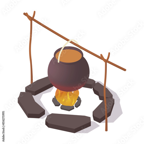 Pot boiling over a campfire with rocks around it, on a white background. Vector illustration